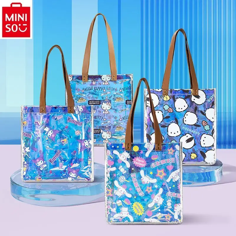 MINISO Sanrio Cartoon Hello Kitty Laser Contrast Color Handbag for Women's Fashion Trend Large Capacity Shopping Storage Bag