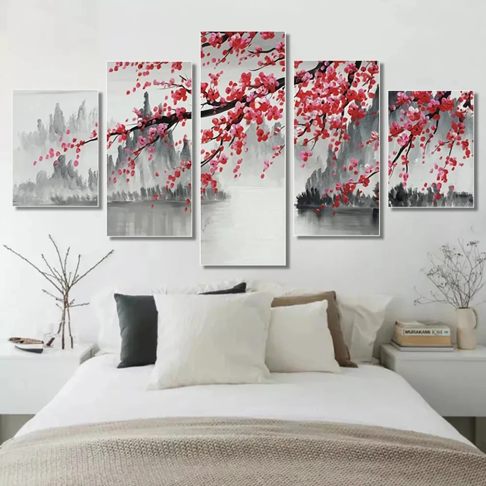 

5D DIY Diamond Painted Cross Stitch Modern Plum Tree 5 pieces Chinese style wall art Diamond Embroidery home decoration WE145
