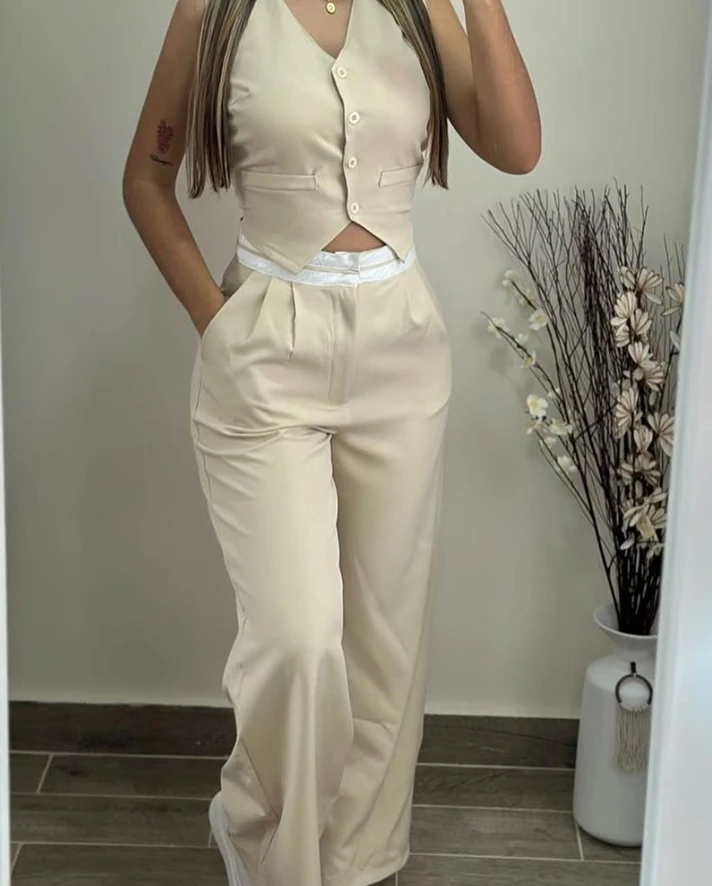 2024 Summer New Casual Slight Stretch V-neck Ribbed Sleeveless Button Top and Pocket Design Pants Set