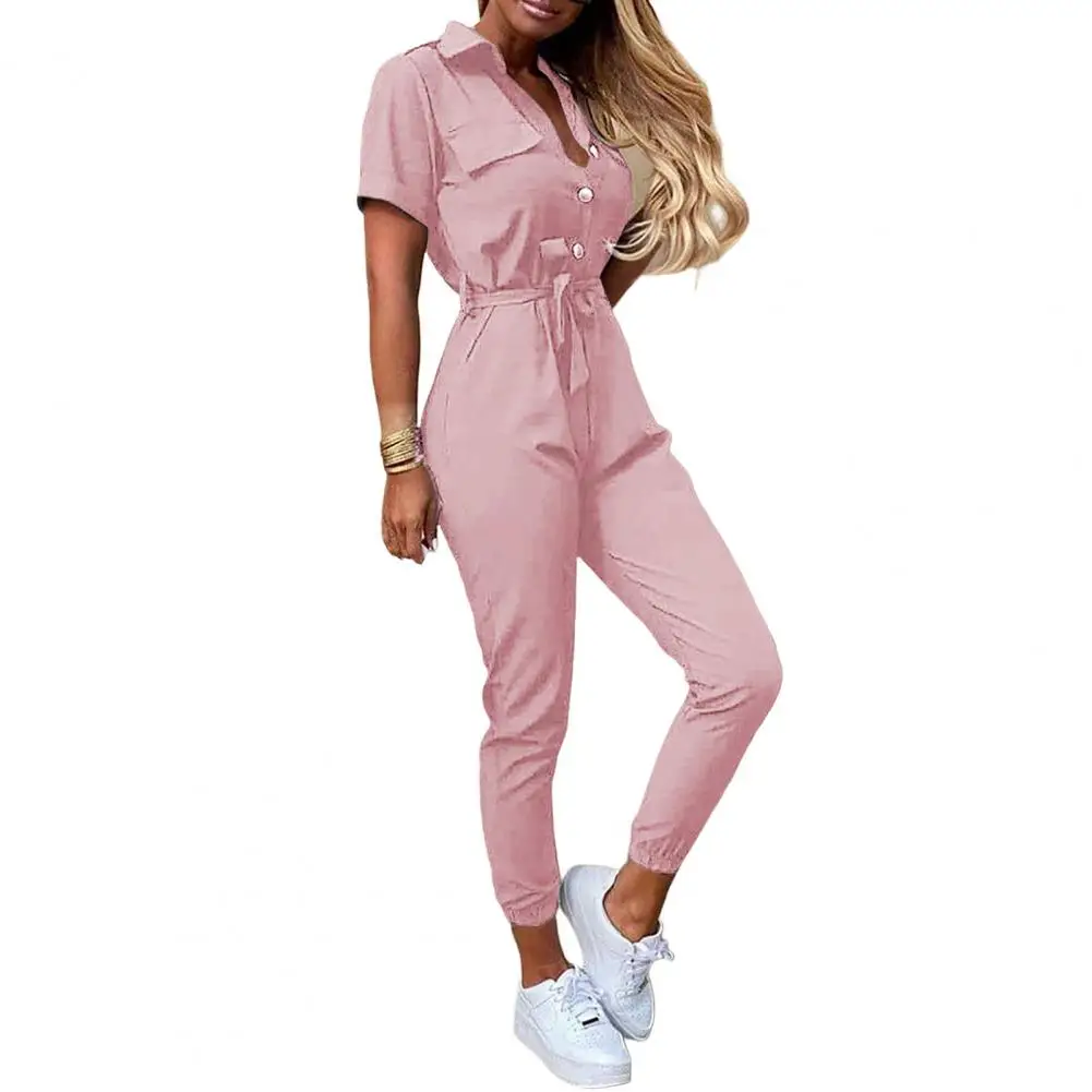 

Lady Jumpsuit Belted Lapel Short Sleeve Button Down Elastic Leg Opening Daily Wear Women Summer Casual Jumpsuit Streetwear