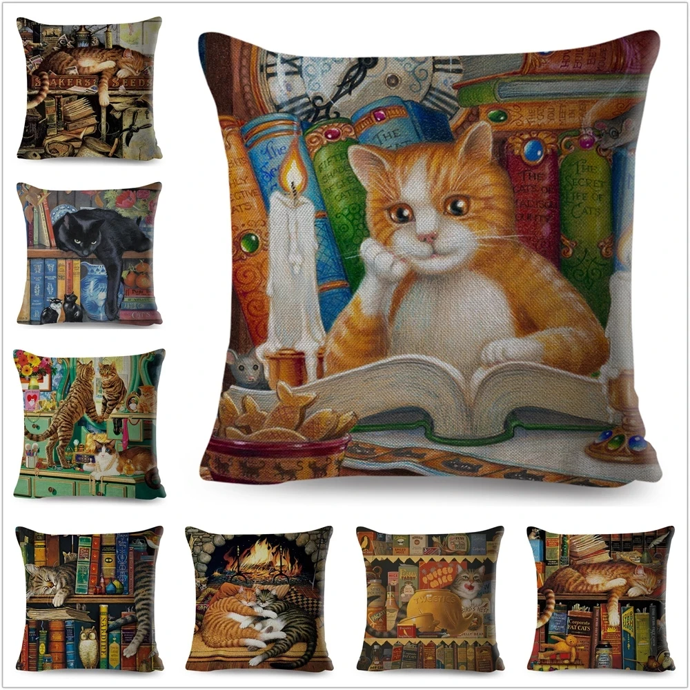 

Book Cat Animal 45x45 Cushion Cover Throw pillow cover Case 베개커버 クッションカバー 쿠션커버 living room Decorative pillows for sofa car funda