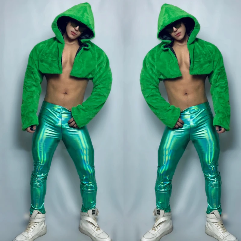 

Men Green Fur Hoodie Coat Laser Pants Sexy Pole Dance Clothing Bar Nightclub Dj Ds Gogo Dancer Costume Rave Outfit XS5441