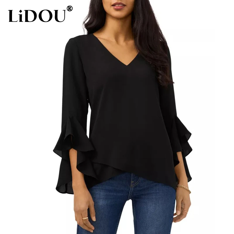 

Женская винтажная рубашка с V-образным вырезом, однотонная свободная универсальная блузка с рукавами три четверти и оборками, лето 2023