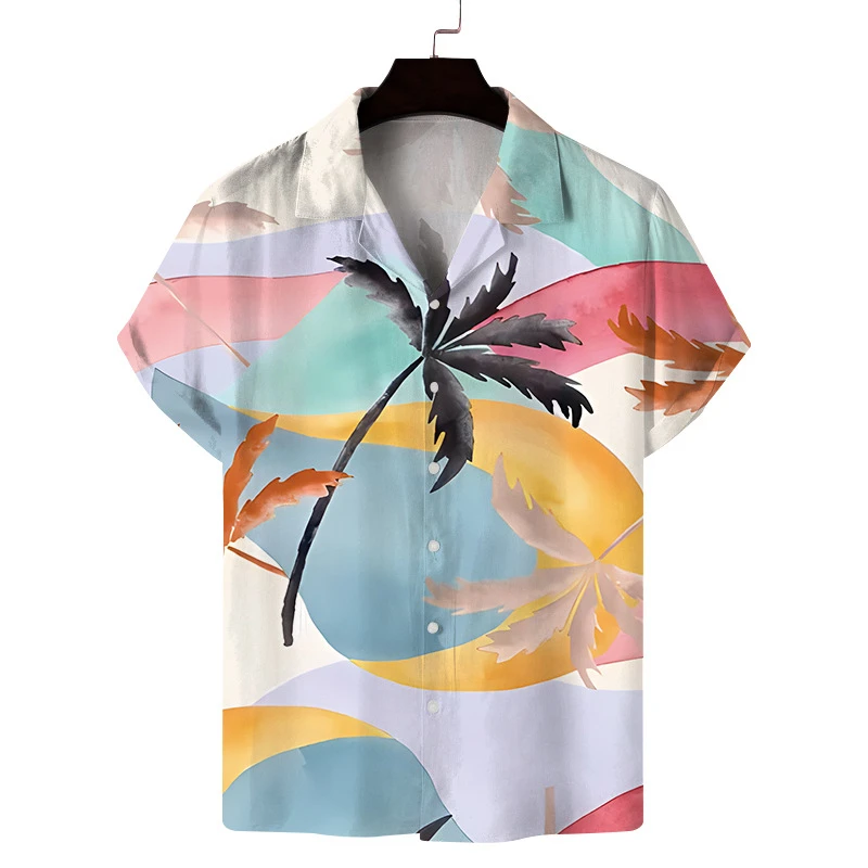 thumbnail image 1 of Camisetas hawaianas con estampado 3D de árboles tropicales, camisetas casuales de manga corta de verano para mujer, ropa 2024, blusas con botones de solapa para uso diario para hombre, 1 of 5