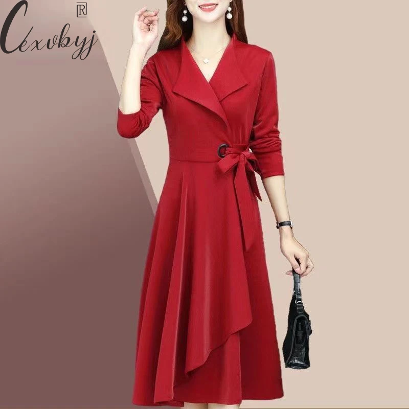 

Office Lady Long Sleeve Elegant Dress Women Autumn Notched Collar Lace Waist Midi A-Line Dress Plus Size Casual Design Vestidos