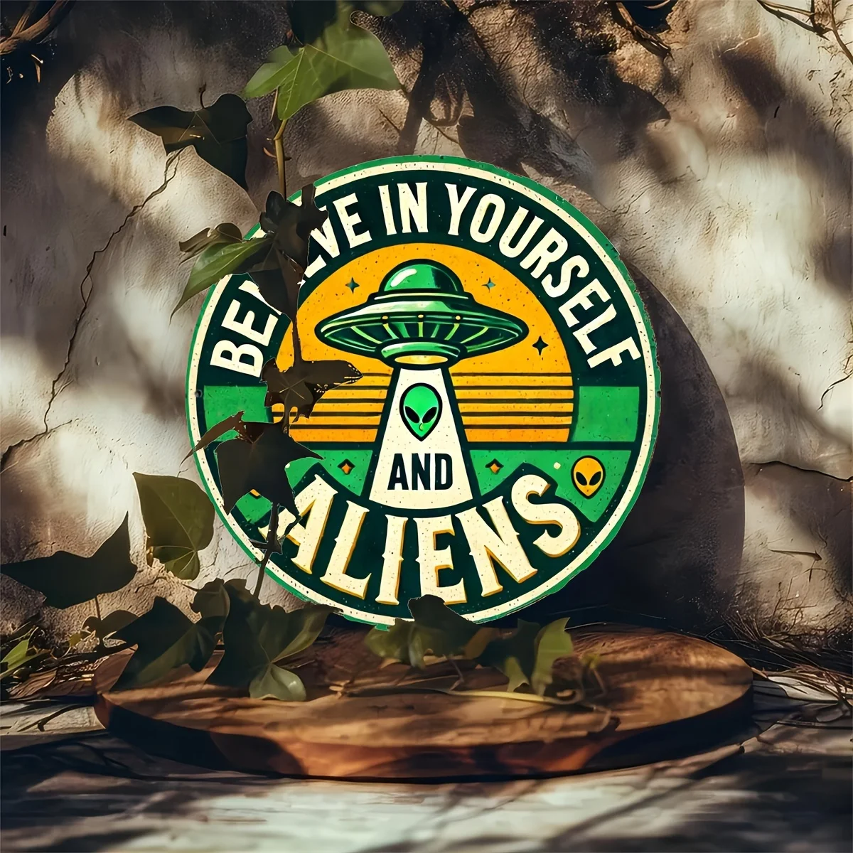자신과 외계인을 믿으세요 UFO 원형 금속 사인, 레트로 외계인 예술, 빈티지 스타일 SF 장식 선물