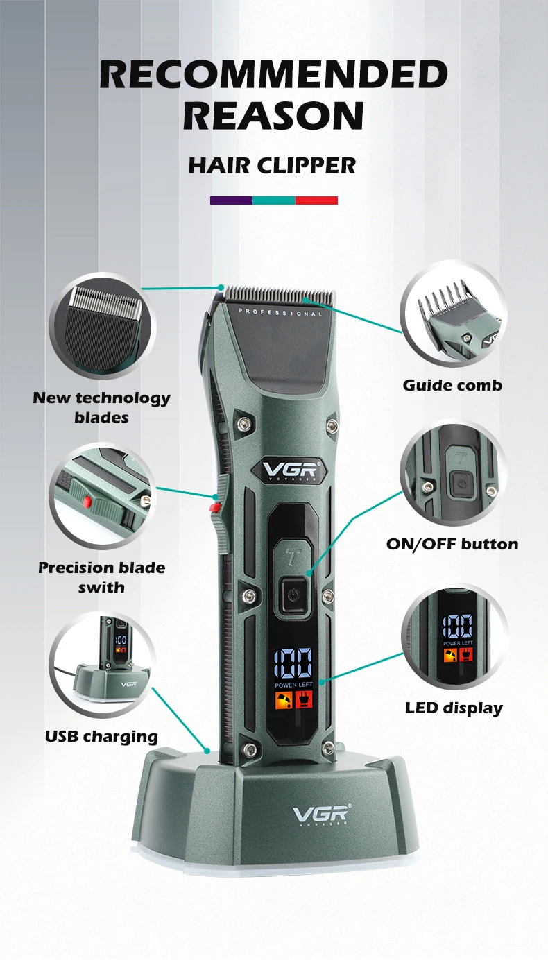 VGR Trimmer Cordless Cutting hine Professional Hair Electric Barber Digital Display Clipper for Men V-696_voghion.com