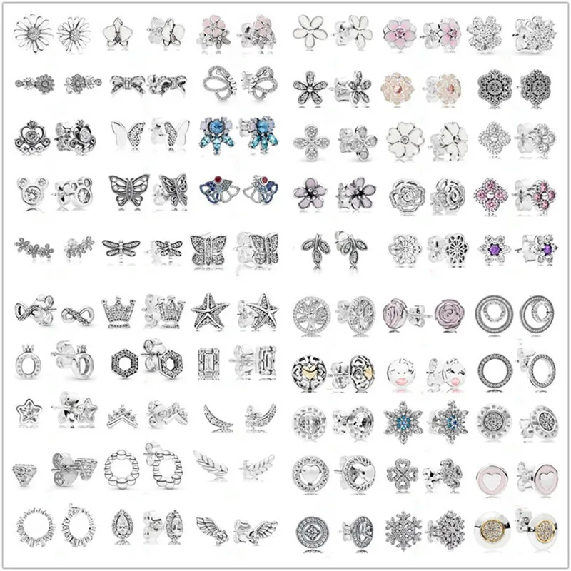 

925 Sterling Silver Classic Earrings Signature Bow Lovely Butterfly Crown Stars Love Heart Ear Studs Charm Bead Fit Original DIY