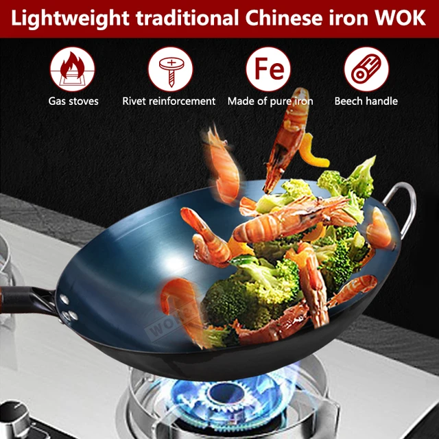Traditional Chinese Seasoning Iron Wok with Ear,Wooden Handle