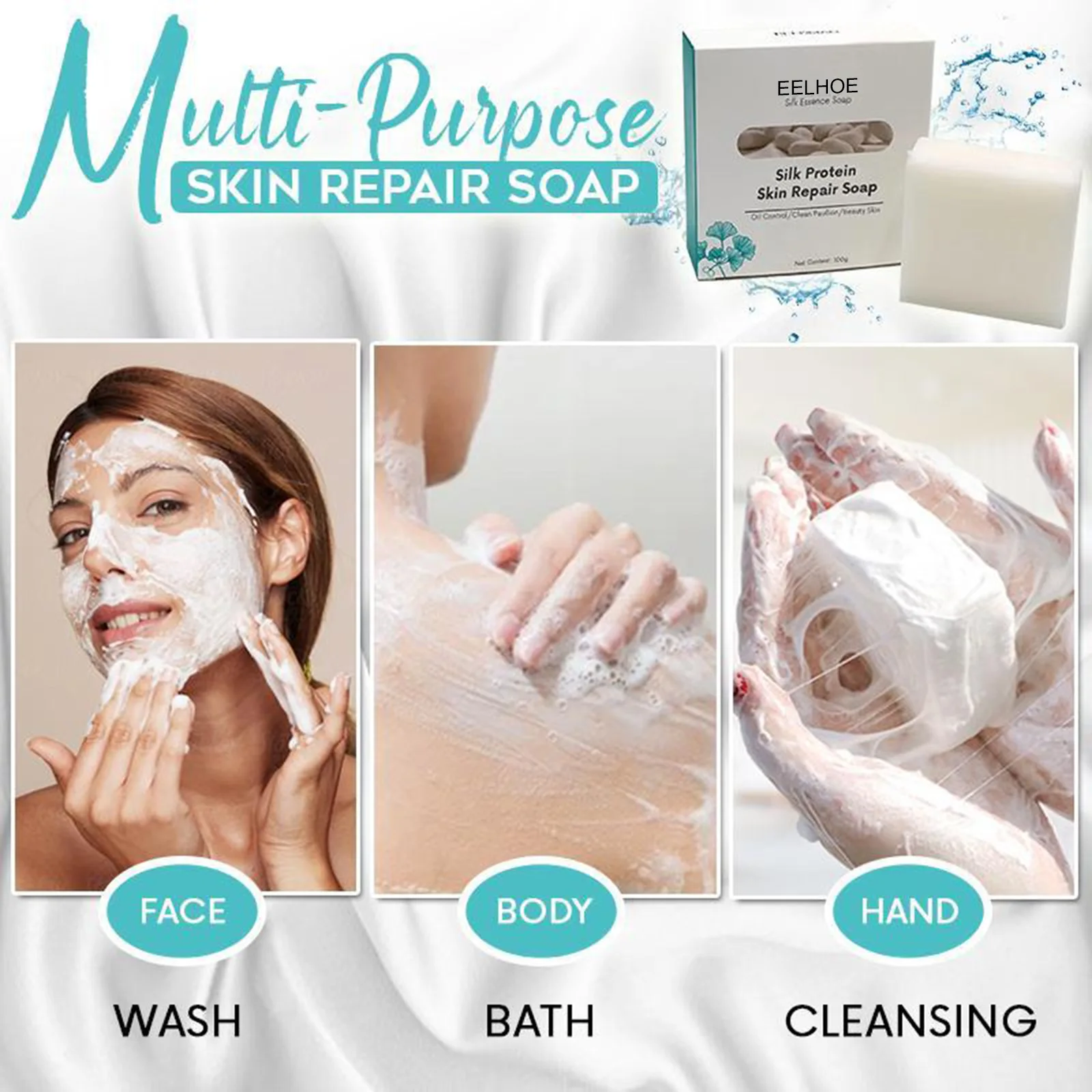 EELHOE Silk Protein Skin Repair Soap Facial Cleaning Soap Remove Mites Blackheads Natural Goat Milk Cleansing Bath Skin Oil 100g 3