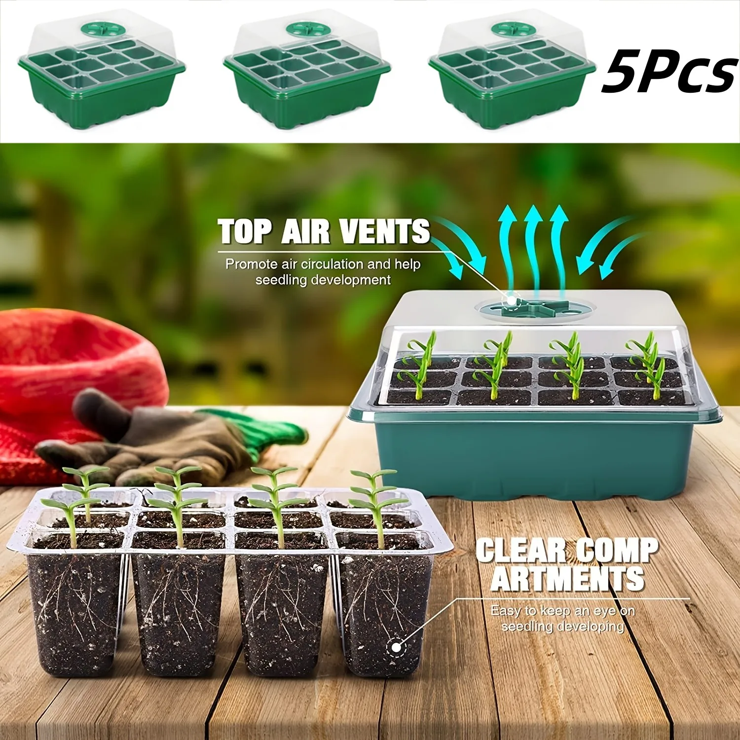 5 Sets Seed Starter Tray Kit Greenhouse Growing Trays Reusable Seed Humidity Vented Domes and Base for Seeds Seedling Tray