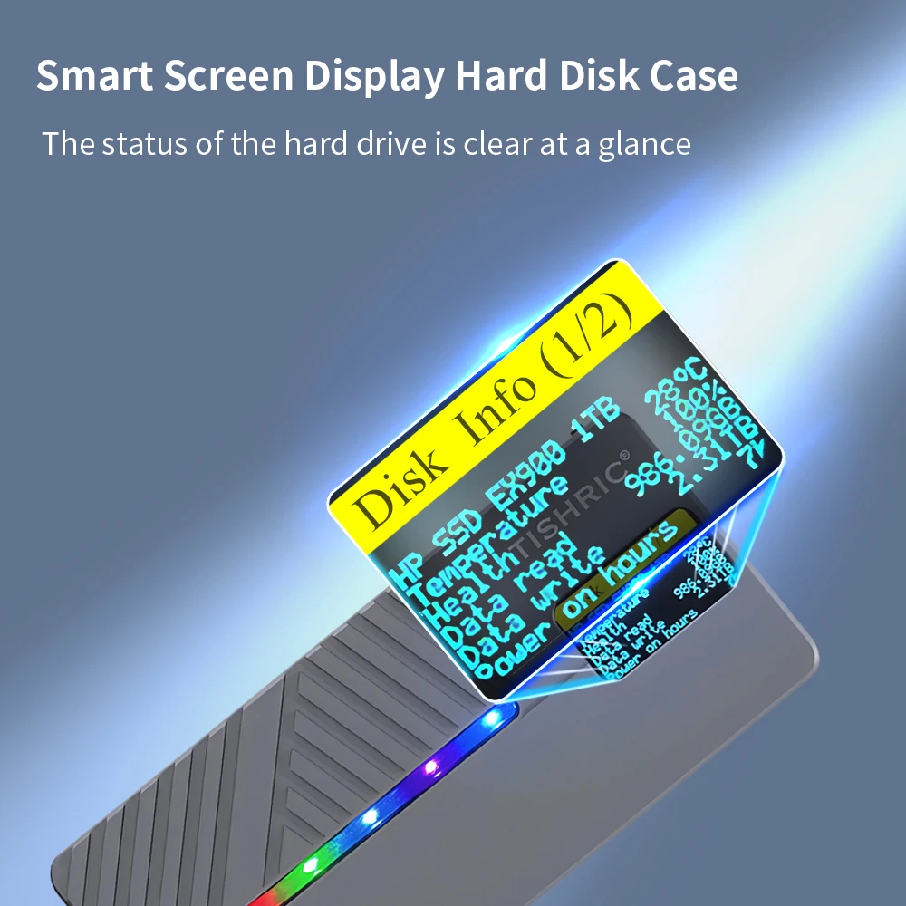 TISHRIC 10Gbps RGB SSD M2 NGFF NVME External Hard Drive Enclosure M2 M/B+M Key To Type C HDD Case With Display Screen For Gaming