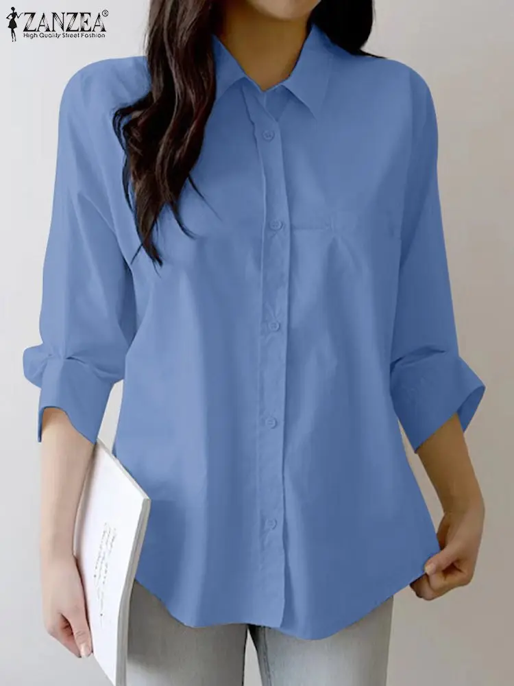

Элегантная Корейская Длинная блузка ZANZEA с длинным рукавом, свободная рубашка 2024, модная женская Повседневная Туника с отворотом, летние винтажные женские топы