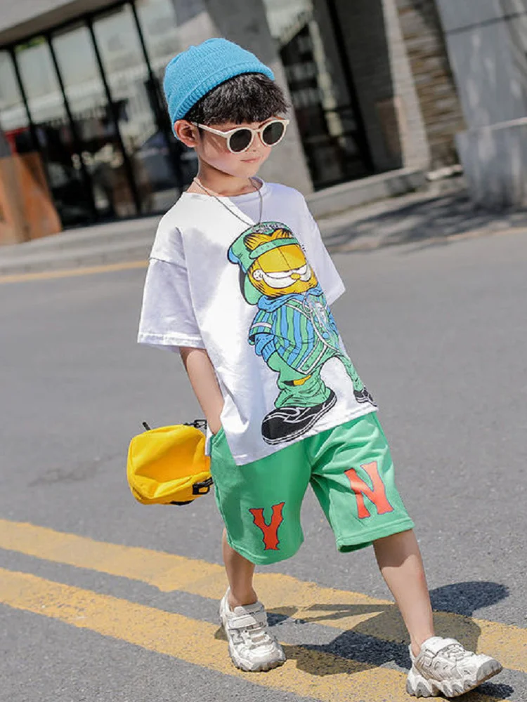 Fashion Summer Teenage Boy Clothes Boys for 4 6 8 10 12 14 Year Hiphop  Korean Casual T-Shirt Shorts 2Pcs Sets Funny Cartoon Suit