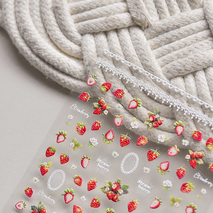 5D 소프트 릴리프 네일 스티커 귀여운 일본 레이스 딸기 네일 스티커 달콤한 셀프 접착 매니큐어 장식 DIY 데칼