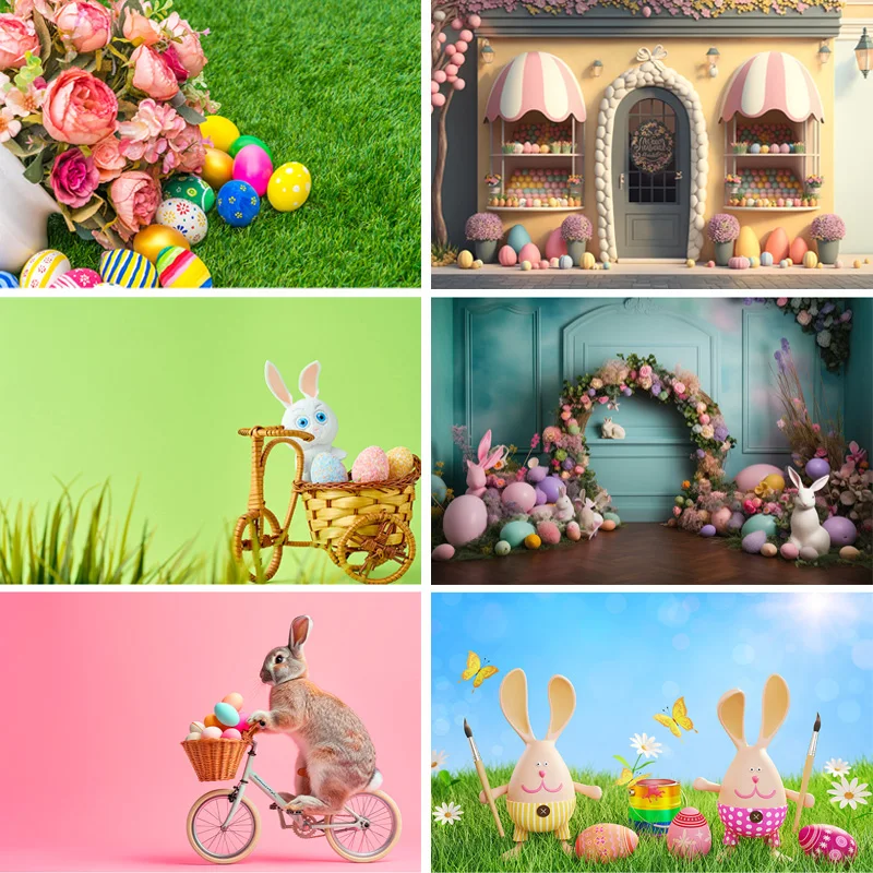 

SHENGYONGBAO Colorful Easter Scene Background Spring Eggs And The Cute Rabbits On The Grass Photography Backdrops Props FE-04
