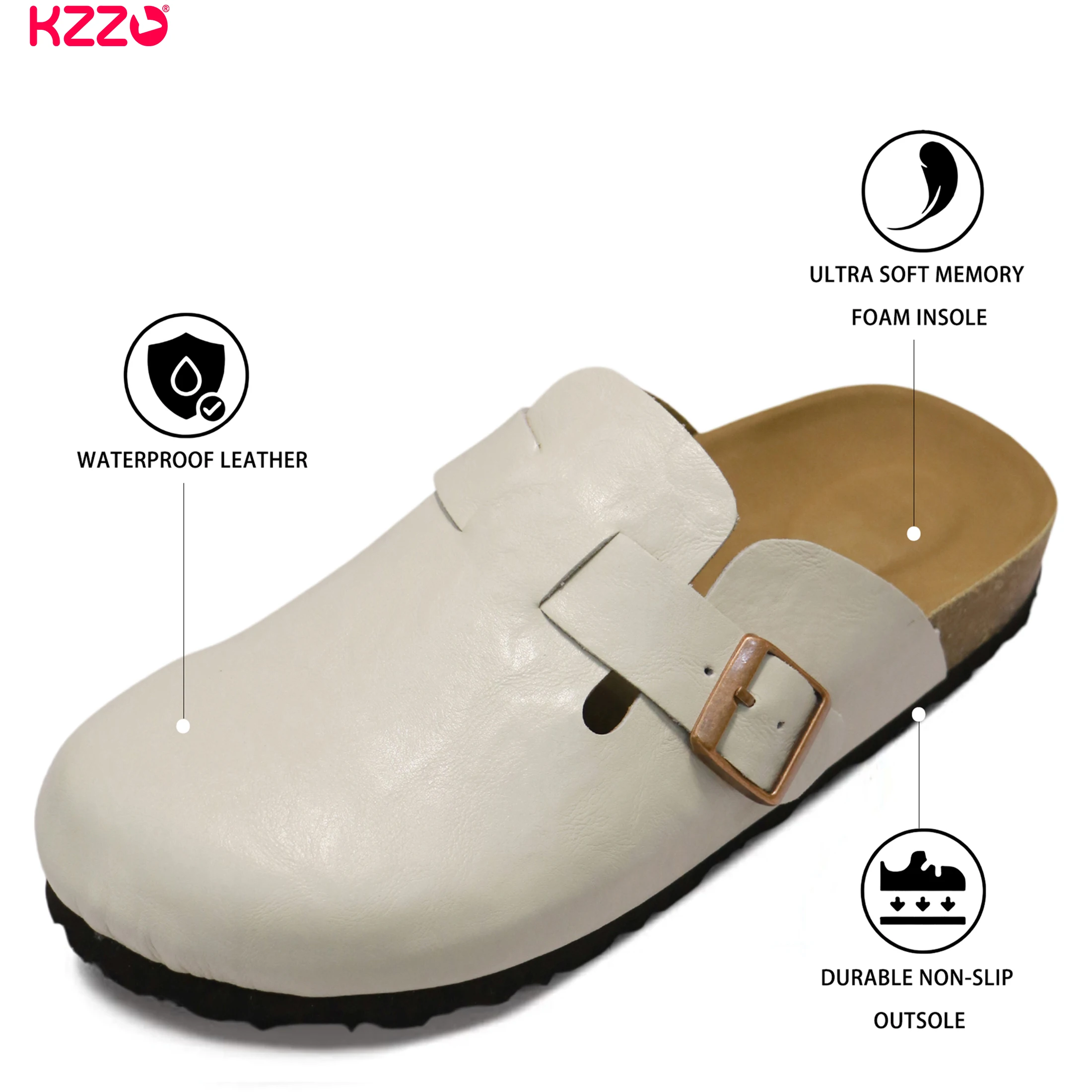 KZZO Waterproof Genuine Leather Mules For Women Non Clog Shoes Outdoor Home Comfort Slip On Flat Adjustable Strap White_voghion.com
