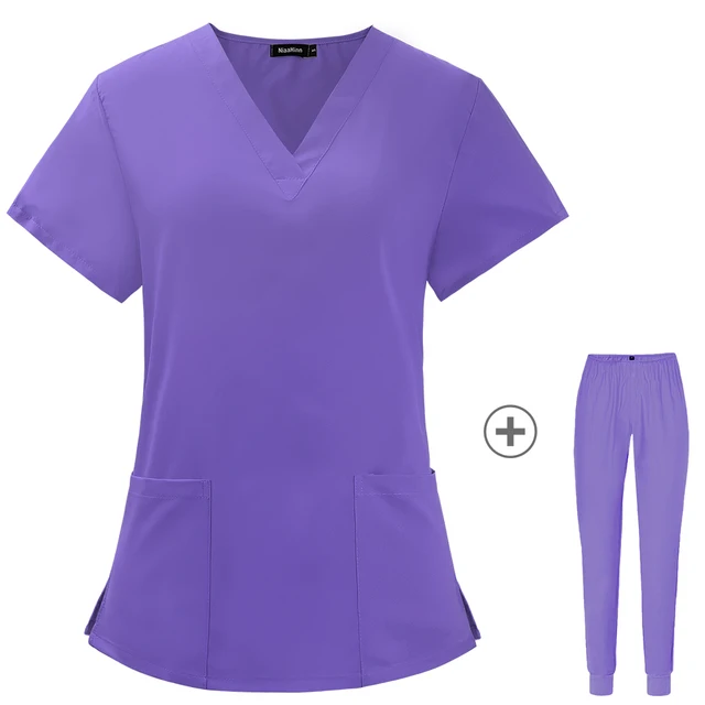 Operating Room Medical Uniforms Women Scrubs Clothes Sleeve V-Neck Workers T-Shirt Tops Summer Uniformes  Medical Accessories Purple