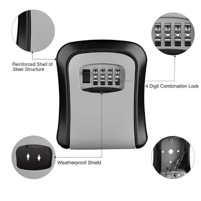 Weatherproof Wall-mounted Key Safe Password Key Box Key Lock Box No4 Combination Key Storage Lock Box Indoor and Outdoor
