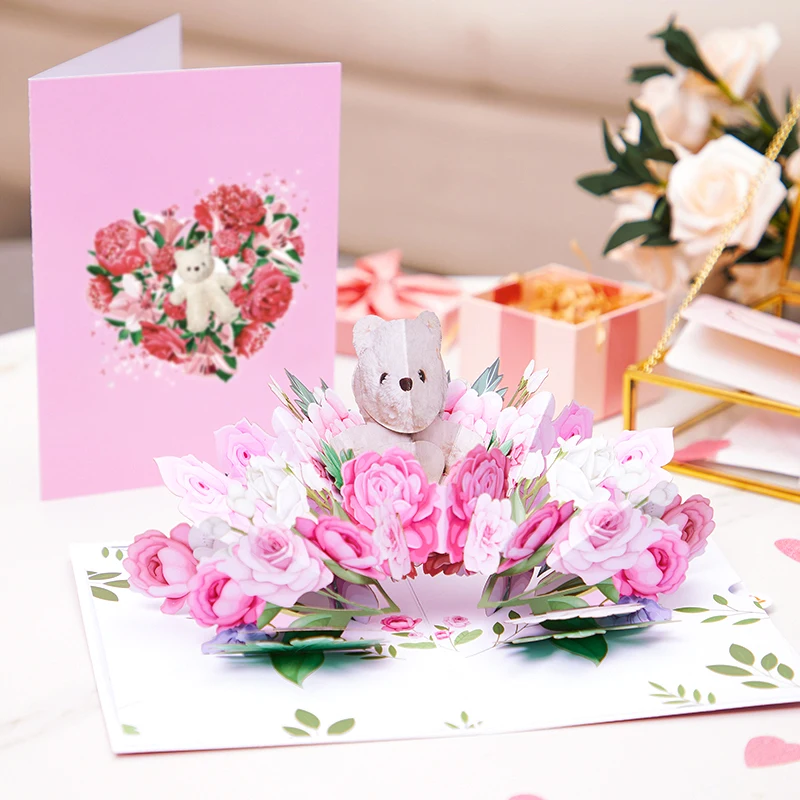 

Bear Rose Flower Greeting Cards With Envelope Valentines Gifts Sweet Pop-up Card Birthday Message Cards Postcard Mother's Day