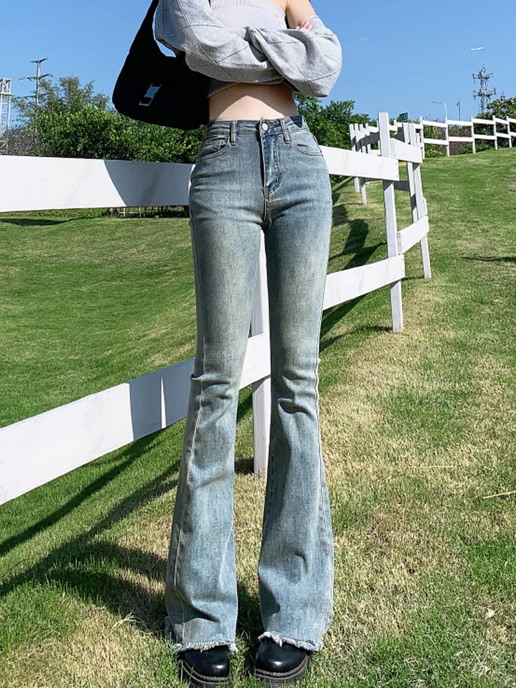 Vintage Blue Leggy Jeans For Women Spring Summer Chic High Waist Slim Micro Flare Jeans Lady Casual Skinny Denim Pants women s denim pants new dark blue high waist micro flare pants fashion casual denim pants