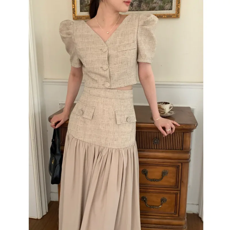 

French Bubble Sleeved Mini Patchwork Skirt Sets Women Summer Graceful V Neck Puff sleeve Short Outerwear Contrast Color Suit New