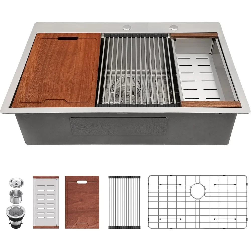 NEW-33 Drop In Kitchen Sink Workstation 33x22 Kitchen Sinks Drop In Stainless Steel 16 Gauge Single Bowl Handmade Topmount Sink