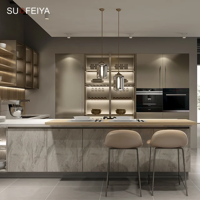 ชุดเฟอร์นิเจอร์ครัวแบบโมดูลาร์สีทองหรูหราทันสมัย พร้อมตู้เก็บของบานกระจก รวมอุปกรณ์อ่างล้างจาน-โครงสร้าง MDF 2