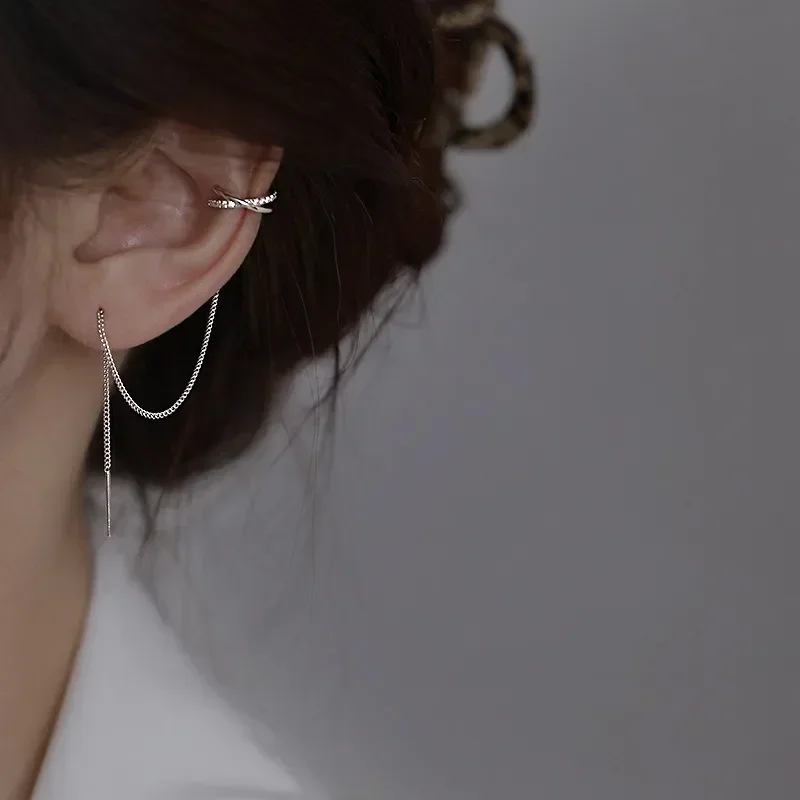 Ear Clip Earrings Non-Piercing Cuff For Women Tassel Rhinestone Chain