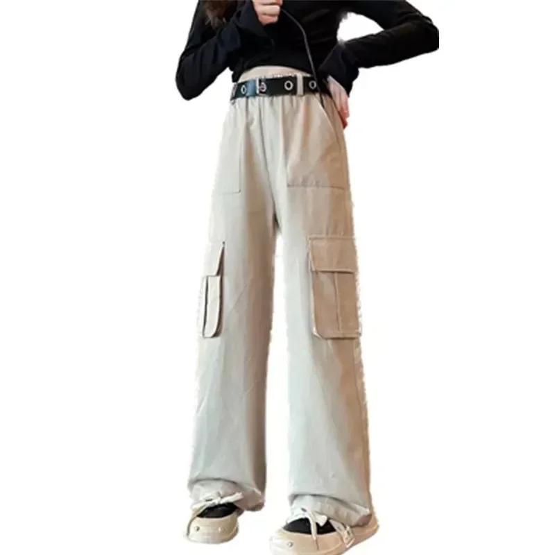 

Teens Girl Vintage Cargo Pants with Free Belt Autumn Hot Sale Fashion Pocket Wide Leg Pants High Waist Kid Retro Casual Trousers