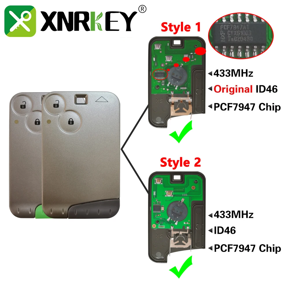 XNRKEY 2 Button Remote Car Key PCF7947/ID46 Chip 433Mhz for Renault Laguna Espace 2001-2006 Smart Card Car Key