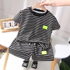 2Pcs Fashion Children Short Sleeve Shorts Sets Summer Kids Clothes Boys Baby Cotton Tee Pant Outfits Black and White Stripe 3