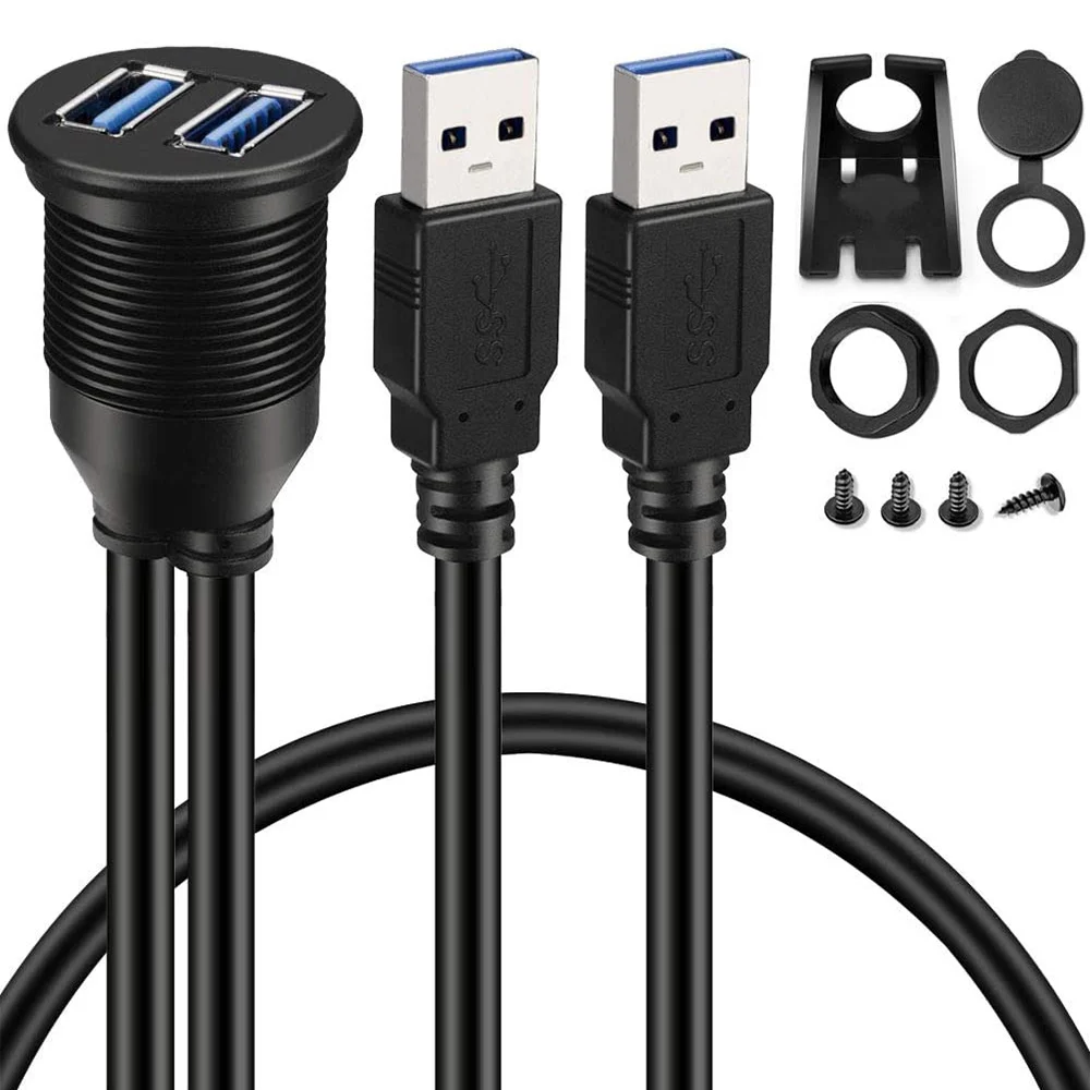 

2 Ports Dual USB 3.0 AUX Flush Mount Car Mount Extension Cable for Car Truck Boat Motorcycle Dashboard Panel - 3Ft