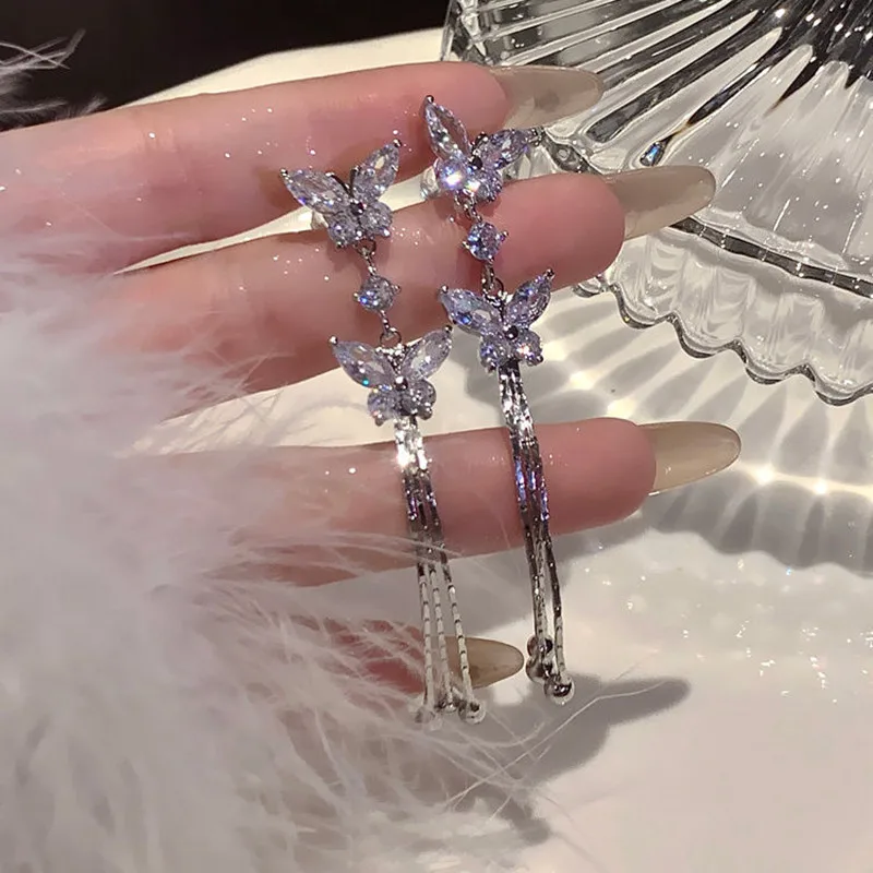 Purple Butterfly Tassel Earrings | Long Crystal Rhinestone Drop Dangle Earrings For Women - Wedding & Party Jewelry - View #6