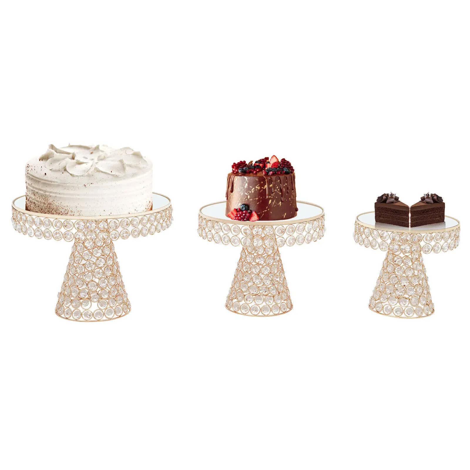 3 Piece Set Crystal Dessert Cupcake Cake Stand Gold Round With Bases For Party
