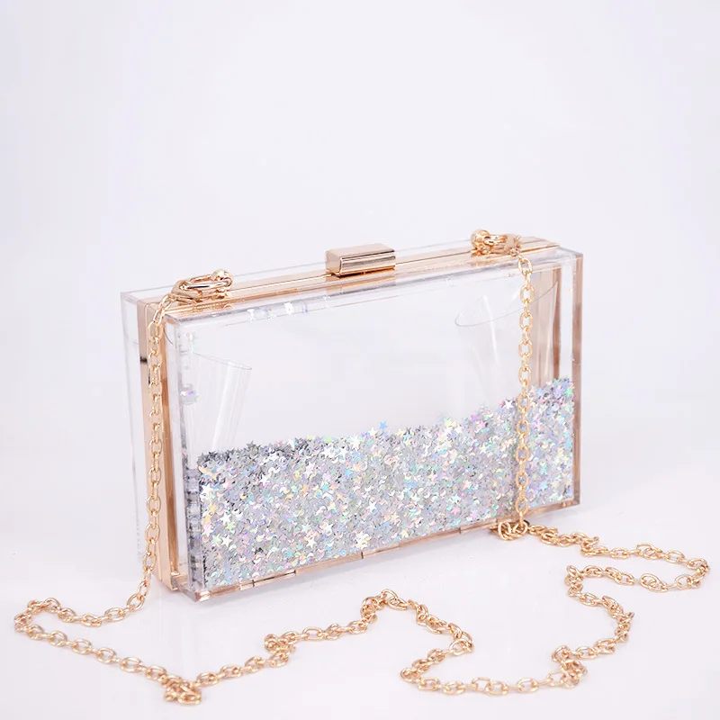 Shoulder Cosmetics Ladies Bag Y2k Transparent Liquid Sand Bead Chain Acrylic Party Wedding Handbag
