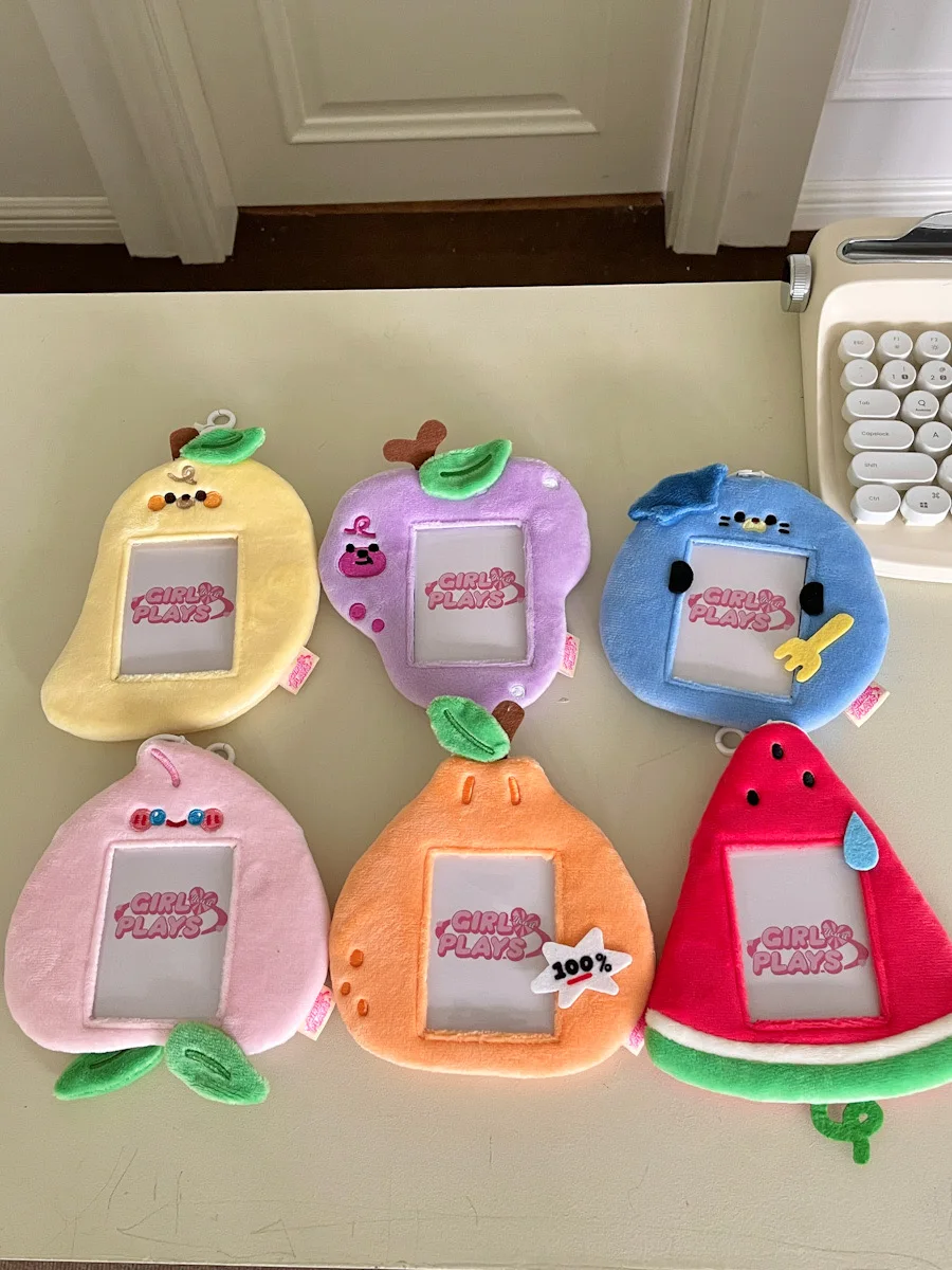 MINKYS Kawaii Fruit Series Fluffy 3 inch Kpop Photocard Holder Photo Card Holder Bag Pendant School Stationery 5