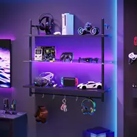 Gaming LED Floating Shelves for Wall, 41" Wall Mounted Shelf Pipe Glass Shelves, 3 Tier Hanging Display Rack with 8 S-Hooks Towe 1