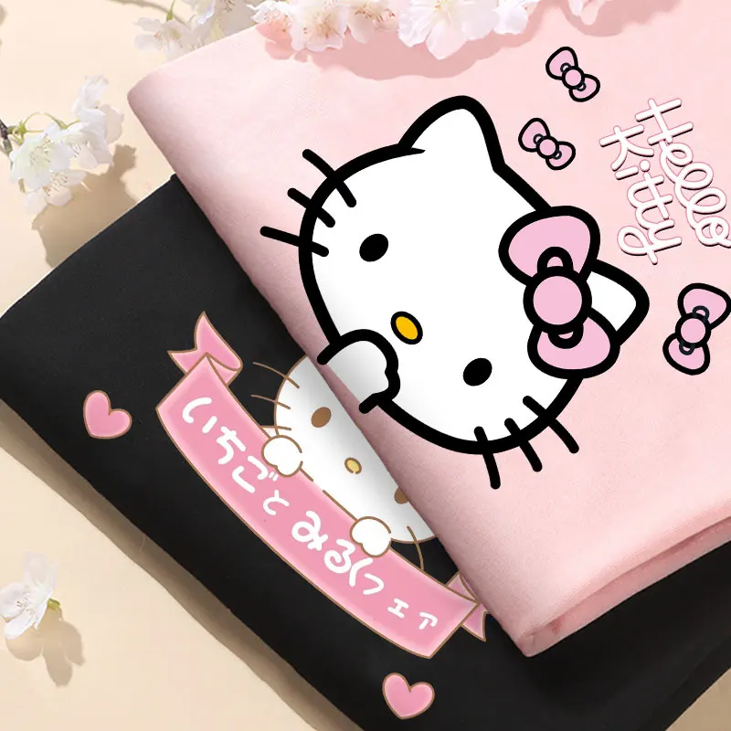 Женская футболка hellokitty с коротким рукавом, милый летний топ Hello Kitty, хлопковая одежда с коротким рукавом