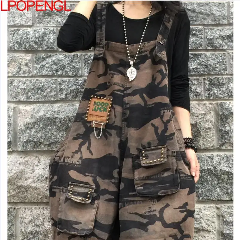 Fashion Retro Camouflage Denim Sleeveless Overalls Women's 2024 Spring Loose Casual Suspender Jumpsuit Streetwear Harem Pants