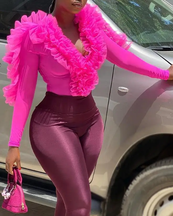 

Rose Pink V-Neck Petal Three-Dimensional Decoration Thin Slim Fit Pleated Hem Long Sleeved Fashionable Casual Jumpsuit