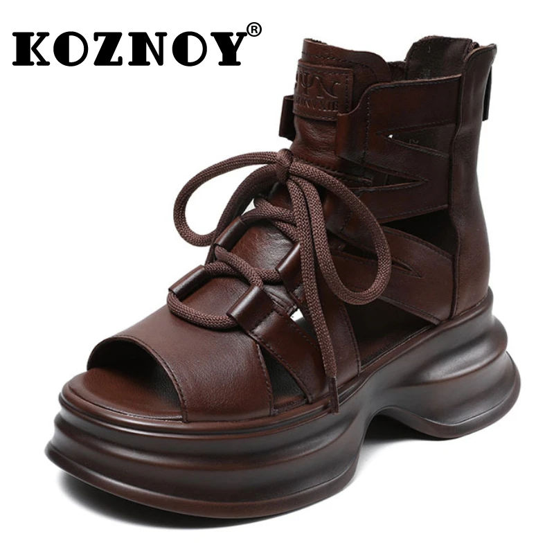 

Koznoy 6cm Genuine Leather Fashion Women Sandals Hollow Chimney Moccasins Summer Ankle Booties Motorcycle Natural Boots Shoes