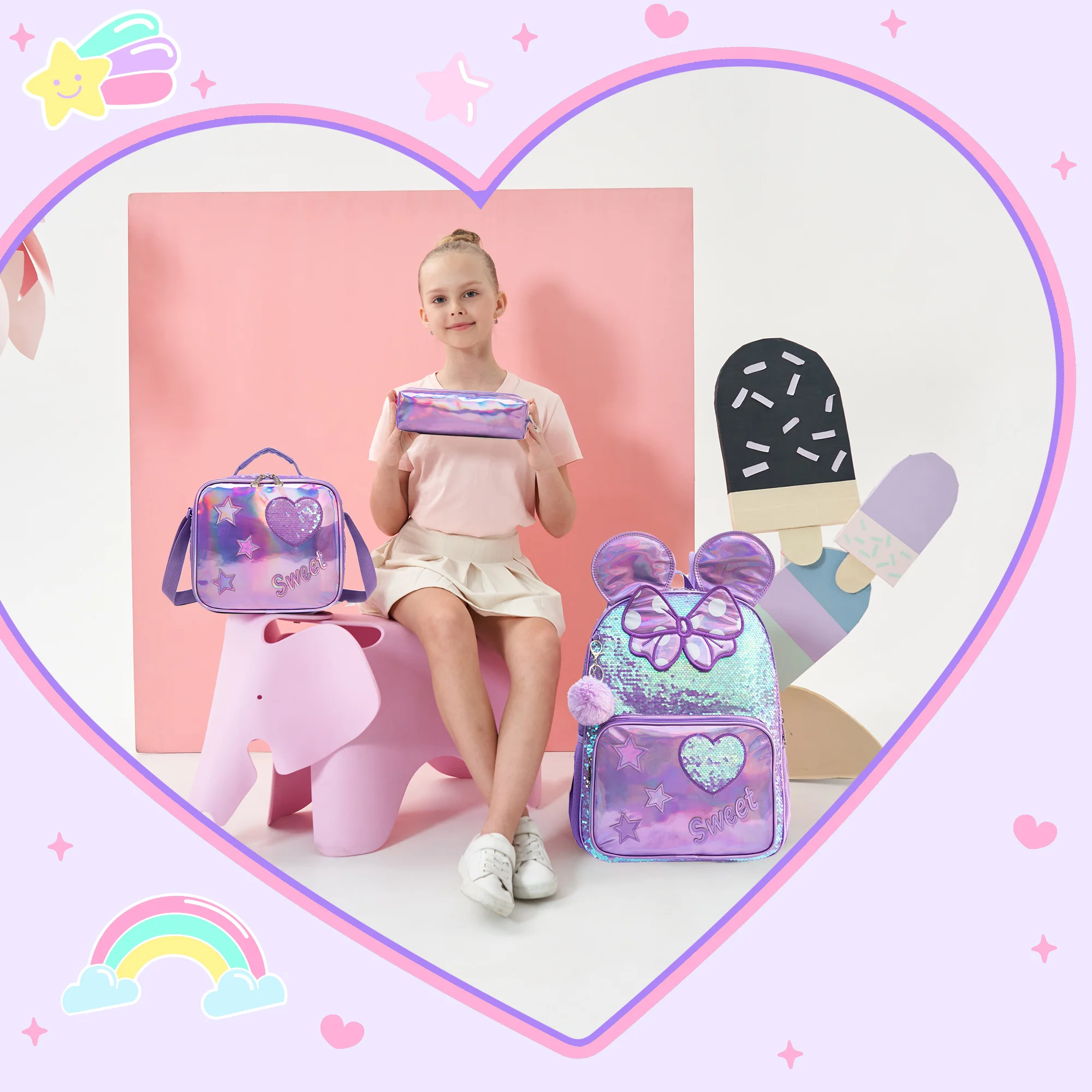 Backpack for Girls 16" Backpacks for Girls for School Sequin Backpack with Lunch Box for Elementary Students - 2