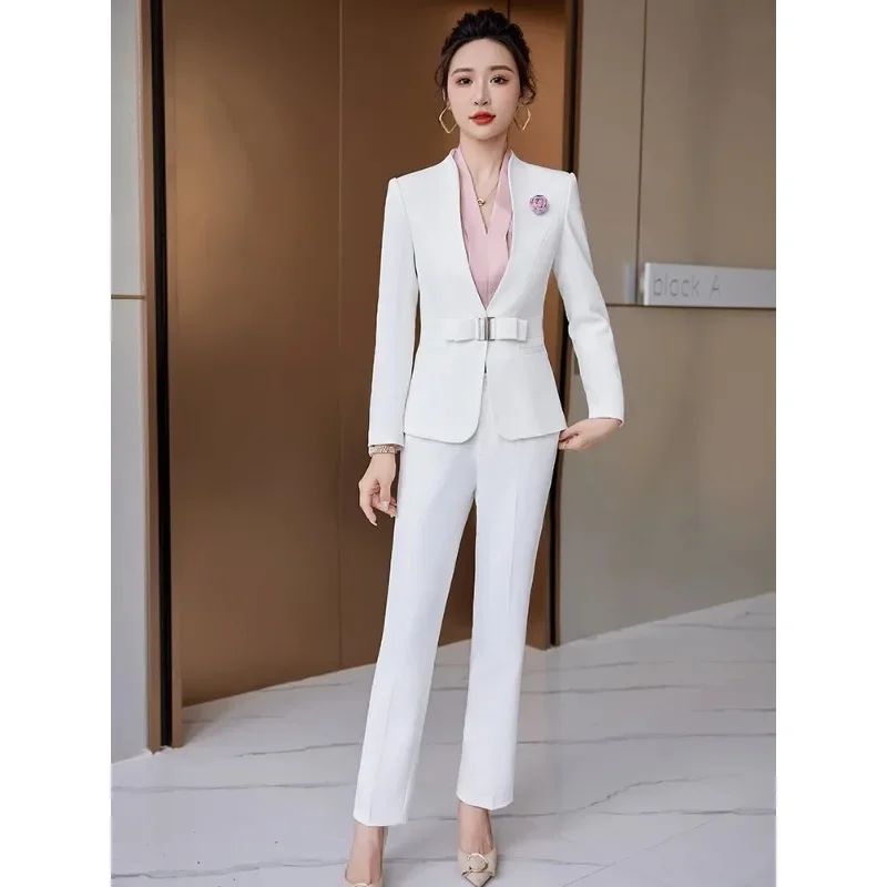 

Office Ladies Formal Business Work Wear Pant Suit Women White Black Wine Navy Female V-Neck Blazer And Trouser 2 Piece Set