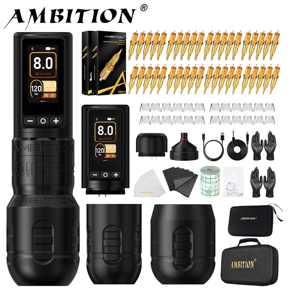 Ambition Soldier270 Kit Wireless Tattoo Machine Stroke Pen 4.0+4.5mm Professional Brushless Motor 2400mAh Battery Grip 34+42mm tattoo supplies tattoo kit