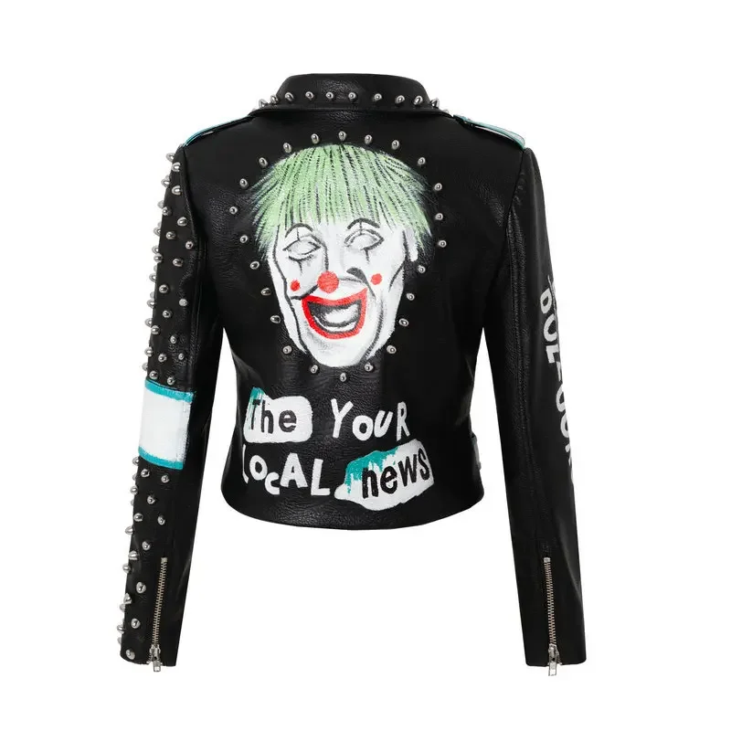 Streetwear Biker Leather Jacket for Women 2024 Punk Style Rivets Graffiti Print Contrast Stitched Faux Leather Cropped Jackets