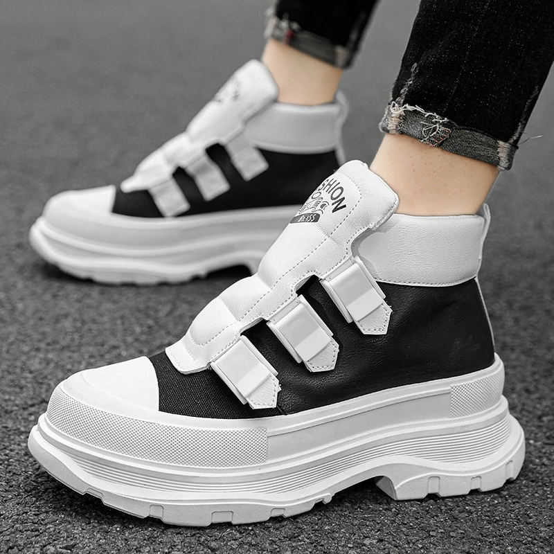 Men Leather Boots High top Fashion Casual Sneakers Thick-soled Chunky Comfort Platform