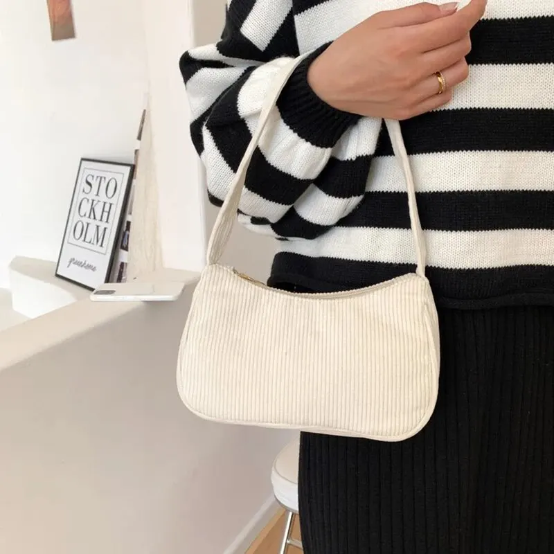 Fashionable Retro Half Moon Corduroy Underarm Bag - Women's Solid Color Shoulder Clutch
