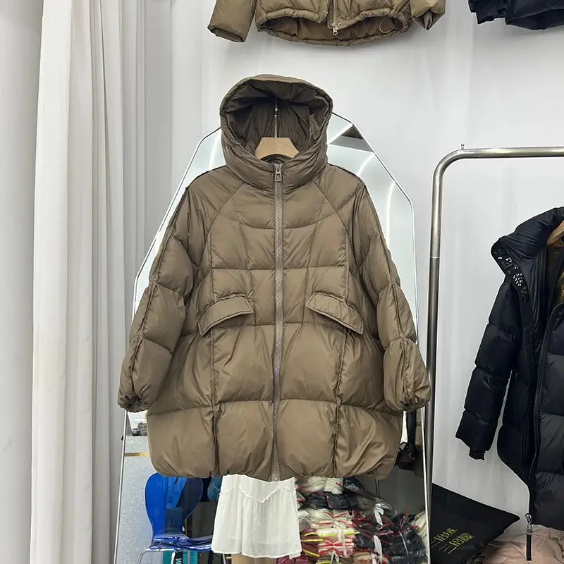 

2023 Winter Chic Hooded Duck Down Puffer Parka Coats Women Loose Solid Thicken Warm Jacket Female New Fashions Outwear S111