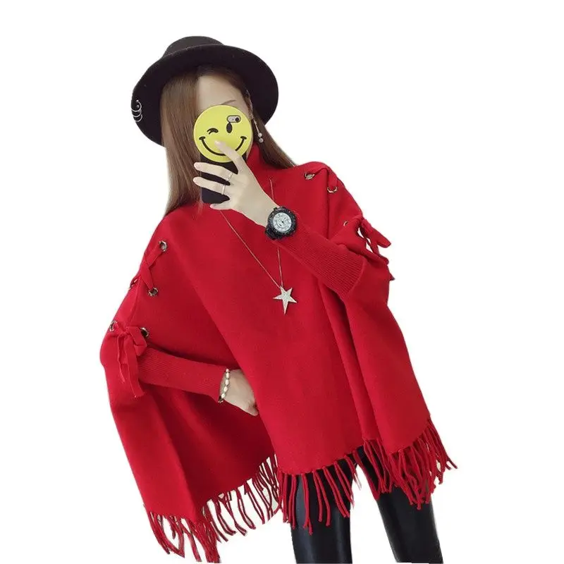 

Winter Sweater Pullovers Women Large Size Loose Tassel Cloak Kintted Tops Spring Bat Sleeved Turtleneck Knitted Sweater 972